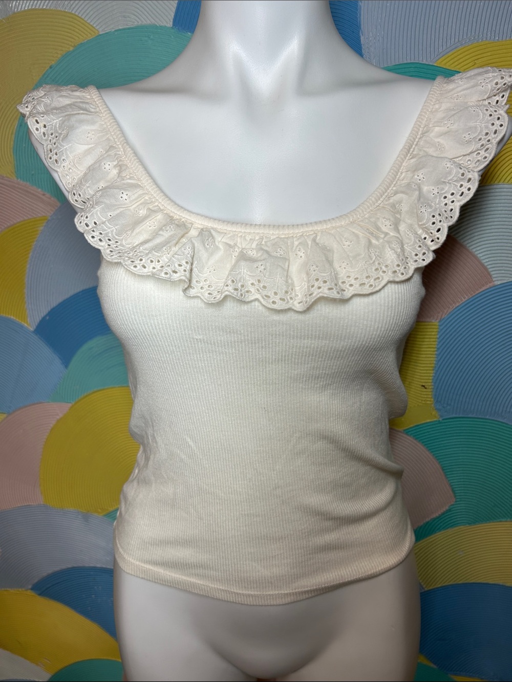 American Eagle Cream Eyelet Ruffle Scoop Neck Tank Top - Women sz s